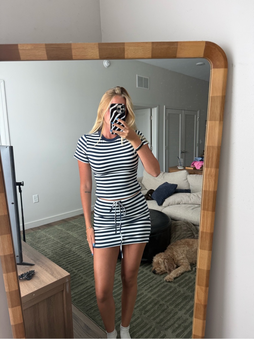 Striped Navy and White Drawstring skirt and shirt set - Casual Women’s Dress